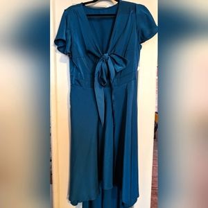 Turquoise blue satin short sleeve dress